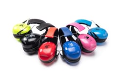 Group image of 6 coloured ear defenders; lime green, black, red, dark blue, pink and light blue